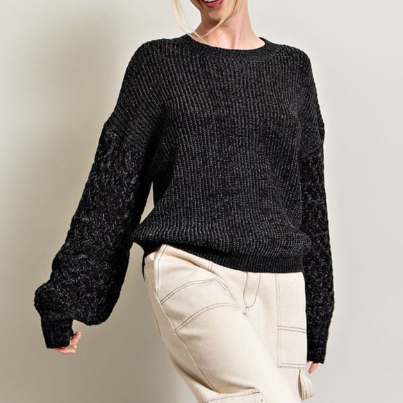 Last 1! NWT Black Woven Sleeve Sweater - Picture 1 of 5